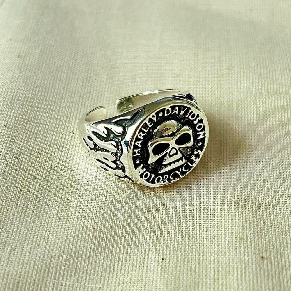 Vintage Harley biker flame skull silver chrome ring